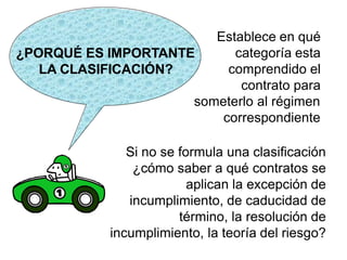 ¿PORQUÉ ES IMPORTANTE
LA CLASIFICACIÓN?
Establece en qué
categoría esta
comprendido el
contrato para
someterlo al régimen
correspondiente
Si no se formula una clasificación
¿cómo saber a qué contratos se
aplican la excepción de
incumplimiento, de caducidad de
término, la resolución de
incumplimiento, la teoría del riesgo?
 