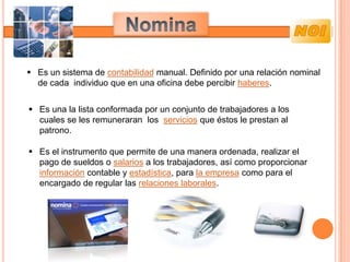  Es un sistema de contabilidad manual. Definido por una relación nominal
  de cada individuo que en una oficina debe percibir haberes.


 Es una la lista conformada por un conjunto de trabajadores a los
  cuales se les remuneraran los servicios que éstos le prestan al
  patrono.

 Es el instrumento que permite de una manera ordenada, realizar el
  pago de sueldos o salarios a los trabajadores, así como proporcionar
  información contable y estadística, para la empresa como para el
  encargado de regular las relaciones laborales.
 