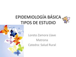 EPIDEMIOLOGÍA BÁSICA
TIPOS DE ESTUDIO
Loreto Zamora Llave
Matrona
Catedra: Salud Rural
 