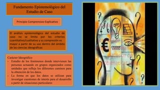 Fundamento Epistemológico del
Estudio de Caso
Principio Comprensivo-Explicativo
Carácter Ideográfico
- Estudio de los fenómenos donde intervienen las
personas actuando en grupos organizados como
unidades que refleja los diferentes caminos para
la obtención de los datos.
- La forma en que los datos se utilizan para
investigar cuestiones de interés para el desarrollo
a partir de situaciones particulares.
El análisis epistemológico del estudio de
caso no se limita por los criterios
cuantitativo/cualitativo y su compresión es
mayor a partir de su uso dentro del ámbito
de las ciencias ideográficas
 