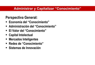 Administrar y Capitalizar “Conocimiento” Perspectiva General: Economía del “Conocimiento” Administración del “Conocimiento” El Valor del “Conocimiento” Capital Intelectual Mercados Inteligentes Redes de “Conocimiento” Sistemas de Innovación  