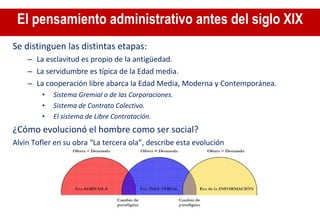 El pensamiento administrativo antes del siglo XIX Se distinguen las distintas etapas: La esclavitud es propio de la antigüedad. La servidumbre es típica de la Edad media. La cooperación libre abarca la Edad Media, Moderna y Contemporánea. Sistema Gremial o de las Corporaciones. Sistema de Contrato Colectivo. El sistema de Libre Contratación. ¿Cómo evolucionó el hombre como ser social? Alvin Tofler en su obra “La tercera ola”, describe esta evolución 