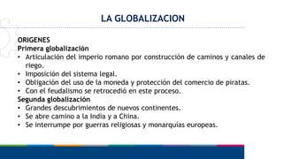 LA GLOBALIZACION
ORIGENES
Primera globalización
• Articulación del imperio romano por construcción de caminos y canales de
riego.
• Imposición del sistema legal.
• Obligación del uso de la moneda y protección del comercio de piratas.
• Con el feudalismo se retrocedió en este proceso.
Segunda globalización
• Grandes descubrimientos de nuevos continentes.
• Se abre camino a la India y a China.
• Se interrumpe por guerras religiosas y monarquías europeas.
 