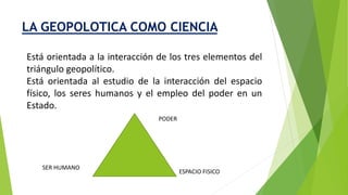 LA GEOPOLOTICA COMO CIENCIA
Está orientada a la interacción de los tres elementos del
triángulo geopolítico.
Está orientada al estudio de la interacción del espacio
físico, los seres humanos y el empleo del poder en un
Estado.
SER HUMANO
ESPACIO FISICO
PODER
 