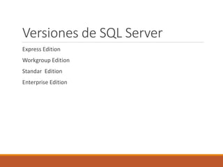 Versiones de SQL Server
Express Edition
Workgroup Edition
Standar Edition
Enterprise Edition
 
