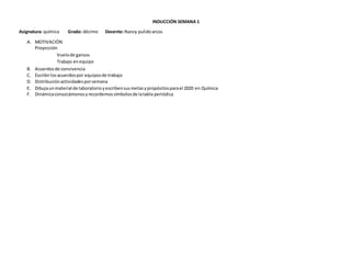 INDUCCIÓN SEMANA 1
Asignatura: química Grado: décimo Docente:Nancy pulidoarcos
A. MOTIVACIÓN
Proyección
Vuelode gansos
Trabajo enequipo
B. Acuerdosde convivencia
C. Escribirlosacuerdospor equiposde trabajo
D. Distribuciónactividadesporsemana
E. Dibujaunmaterial de laboratorioyescribensusmetasypropósitosparael 2020 en Química
F. Dinámicaconozcámonosyrecordemossímbolosde latabla periódica
 