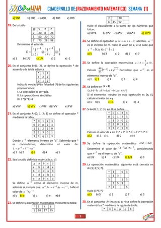CUADERNILLO DE:[RAZONAMIENTO MATEMATICO] SEMANA [1]
5
a) 500 b) 600 c) 400 d) 300 e) 700
19. De la tabla
@ 5 2 7
2 20 8 28
5 50 20 70
7 70 28 98
Determine el valor de:
1 1
1 1 1
@ @
2 4 8
E
     
     
    
a) 1 b) 1/2 c) 1/4 d) 2 e) -1
20. En el conjunto B={1; 2}, se define la operación * de
acuerdo a la tabla adjunta
* 1 2
1 2 2
2 1 2
Indica la verdad (V) o falsedad (F) de las siguientes
proposiciones:
I. La operación es cerrada.
II. La operación es asociativa.
III. 1*(2*1)=2
a) VVV b) VFV c) VFF d) FVV e) FVF
21. En el conjunto A={0; 1; 2; 3} se define el operador *
mediante la tabla
* 0 1 2 3
0 0 p 2 3
1 1 2 3 0
2 2 3 0 1
3 3 q r 3
Donde 1
a
elemento inverso de “a”. Sabiendo que *
es conmutativo, determine el valor de:
1 1 1
1L p q  
  
a) 1 b) 2 c) 6 d) 4 e) 5
22. Sea la tabla definida en A={a; b; c; d}
 a b c d
a b c d a
b c d a b
c d a b c
d a b c d
Se define 1
m 
como el elemento inverso de m,
además se cumple que: 1 1 1
a x d y c  
    , halle el
valor de 1 1
x y 

a) b b) a c) c d) e e) d
23. Se define la operación matemática mediante la tabla:
* 3 4 8
1 10 17 65
2 20
6 45 52
Halle el equivalente a la suma de los números que
faltan.
a) 10*4 b) 9*2 c) 4*5 d) 6*3 e) 10*9
24. Se define el operador 7;m n m n    además, 1
m 
es el inverso de m. Halle el valor de x, si se sabe que
  1 1
2 10 2x x 
  
a) 5 b) 3 c) 2 d) 1 e) 7
25. Se define la operación matemática
7
5
a b a b  .
Calcule  1 149
7 4 1
25
 
 .Considere que 1
a
es el
elemento inverso de “a”.
a) 1 b) 3 c) 8 d) 9 e) 4
26. Se define en R R
     ; * : ;a b c d ad bc ac bd  
Si el elemento neutro de esta operación es (x; y),
calcule el valor de x-y
a) 1 b) 0 c) -1 d) 2 e) -2
27. Si A={0; 1; 2; 3}, en él se define
* 0 1 2 3
0 0 1 2 3
1 1 3 0 2
2 2 0 3 1
3 3 2 1 0
Calcule el valor de x en      3 * * 2*0 3 *3 *0x 
a) 2 b) 3 c) 1 d) 0 e) 4
28. Se define la operación matemática 2a b ab  .
Determine el valor de  1 1
4 2 1 
  , considerando
que
1
a
es el inverso de “a”.
a) 1/2 b) 4 c) 1/4 d) 1/8 e) 3
29. La operación matemática siguiente está cerrada en
A={1; 3; 5; 7}.
* 1 5 3
1 1 3
5 1 3
7 5 3
7 3 5
Halle (3*5)*7
a) 5 b) 3 c) 1 d) 7 e) 0
30. En el conjunto A={m; n; p; q; r} se define la operación
matemática * mediante la siguiente tabla:
* m n p q R
 