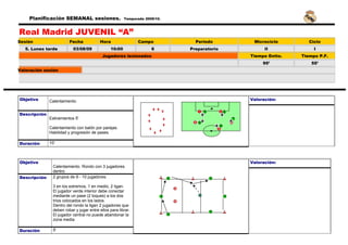 Planificación SEMANAL sesiones.                     Temporada 2009/10.



Real Madrid JUVENIL “A”
Sesión                   Fecha            Hora                 Campo           Periodo       Microciclo        Ciclo
   5. Lunes tarde          03/08/09             10:00                6       Preparatorio         II             I
                                            Jugadores lesionados                            Tiempo Entto.   Tiempo P.F.
                                                                                                 95’            55’
Valoración sesión




Objetivo      Calentamiento.                                                                Valoración:


Descripción
              Estiramientos 5'

              Calentamiento con balón por parejas.
              Habilidad y progresión de pases.

Duración      10'



Objetivo                                                                                    Valoración:
                Calentamiento. Rondo con 3 jugadores
                dentro
Descripción     2 grupos de 9 - 10 jugadores.

                3 en los extremos, 1 en medio, 2 ligan.
                El jugador verde interior debe conectar
                mediante un pase (2 toques) a los dos
                tríos colocados en los lados.
                Dentro del rondo la ligan 2 jugadores que
                deben robar y jugar entre ellos para librar.
                El jugador central no puede abandonar la
                zona media.

Duración        5'
 