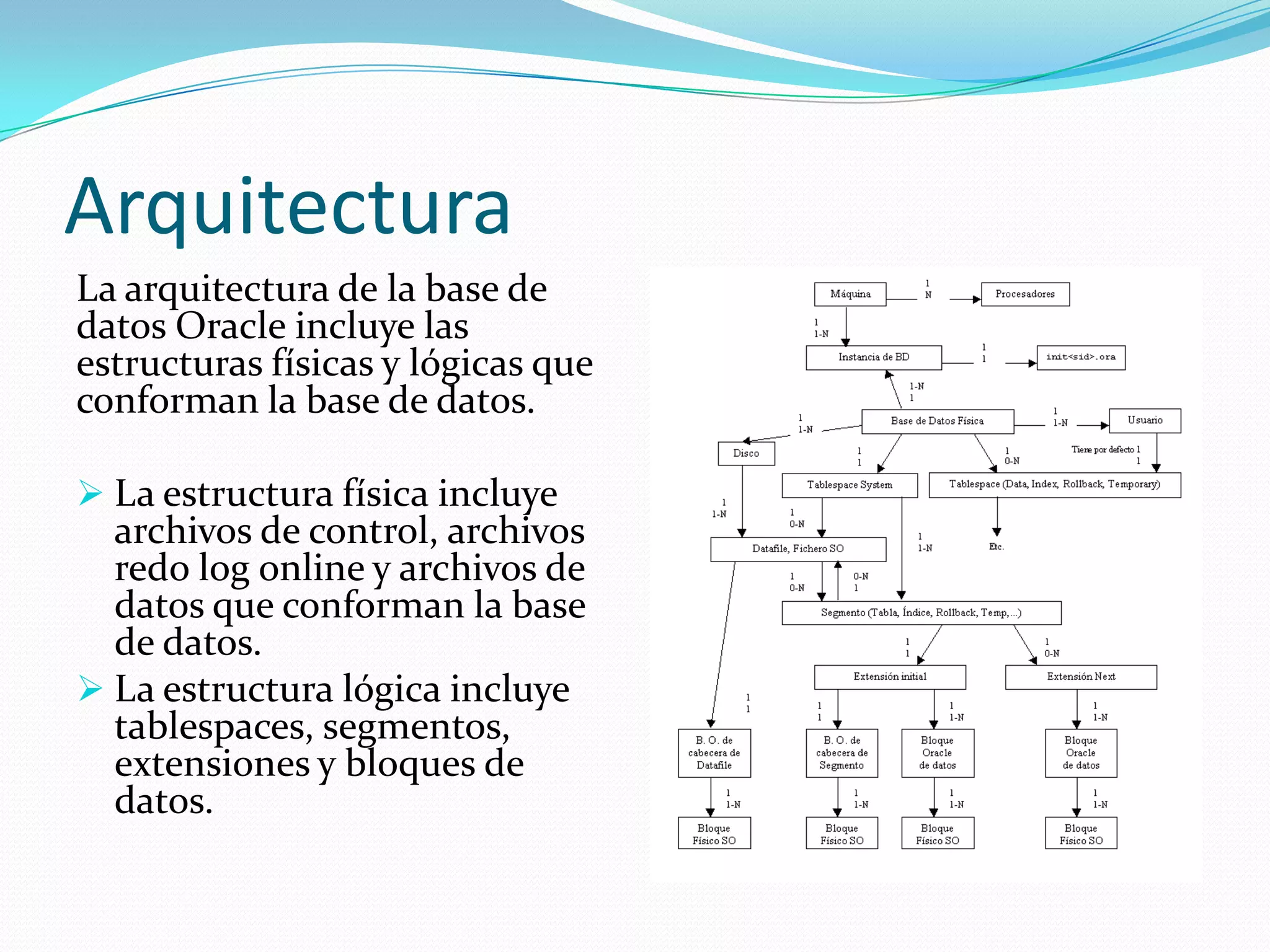 ArquitecturaLa arquitectura de la base de datos Oracle incluye las estructuras físicas y lógicas que conforman la base de datos. La estructura física incluye archivos de control, archivos redo log online y archivos de datos que conforman la base de datos. 