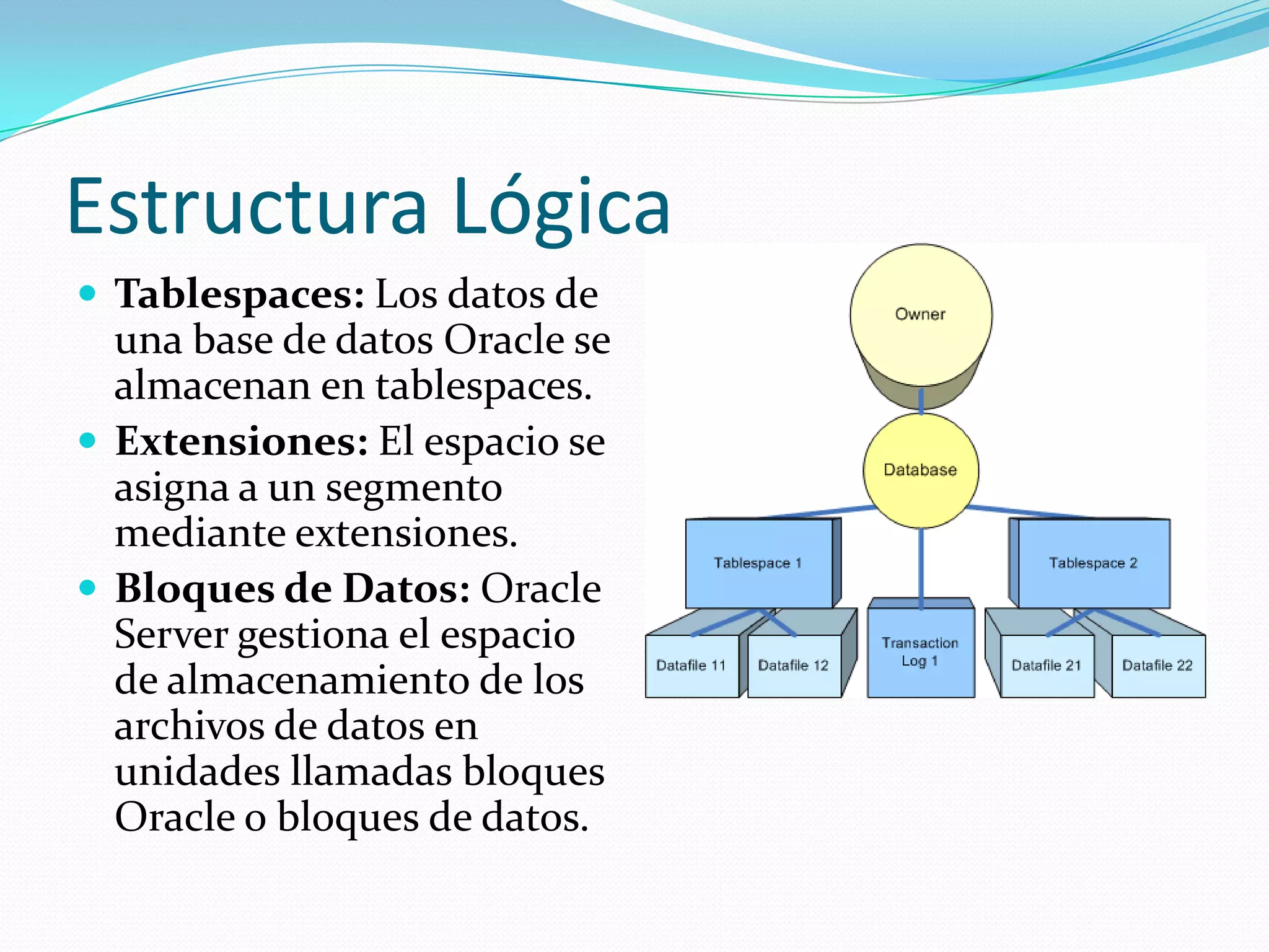 La estructura lógica incluye tablespaces, segmentos, extensiones y bloques de datos. EstructuraLógicaTablespaces: Los datos de una base de datos Oracle se almacenan en tablespaces. Extensiones: El espacio se asigna a un segmento mediante extensiones. Bloques de Datos: Oracle Server gestiona el espacio de almacenamiento de los archivos de datos en unidades llamadas bloques Oracle o bloques de datos. 