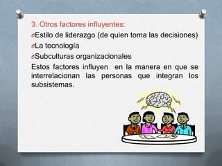 3. Otros factores influyentes:Estilo de liderazgo (de quien toma las decisiones)La tecnologíaSubculturas organizacionalesEstos factores influyen  en la manera en que se interrelacionan las personas que integran los subsistemas.
