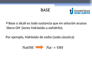 BASE 
Base o álcali es toda sustancia que en solución acuosa 
libera OH- (iones hidróxido u oxhidrilo). 
Por ejemplo, hidróxido de sodio (soda cáustica) 
NaOH Na+ + OH- 
 