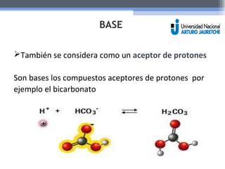 BASE 
También se considera como un aceptor de protones 
Son bases los compuestos aceptores de protones por 
ejemplo el bicarbonato 
 