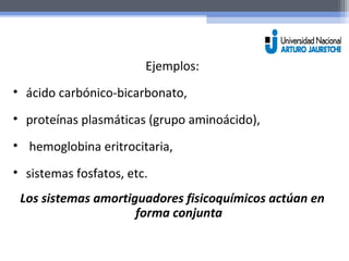 Ejemplos: 
• ácido carbónico-bicarbonato, 
• proteínas plasmáticas (grupo aminoácido), 
• hemoglobina eritrocitaria, 
• sistemas fosfatos, etc. 
Los sistemas amortiguadores fisicoquímicos actúan en 
forma conjunta 
 