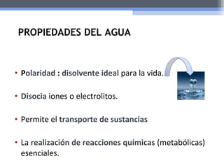 PROPIEDADES DEL AGUA 
• Polaridad : disolvente ideal para la vida. 
• Disocia iones o electrolitos. 
• Permite el transporte de sustancias 
• La realización de reacciones químicas (metabólicas) 
esenciales. 
 