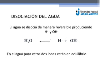 DISOCIACIÓN DEL AGUA 
El agua se disocia de manera reversible produciendo 
H+ y OH-H 
2O H+ + OH-En 
el agua pura estos dos iones están en equilibrio. 
 