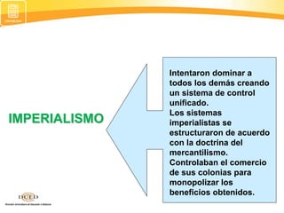 IMPERIALISMO
Intentaron dominar a
todos los demás creando
un sistema de control
unificado.
Los sistemas
imperialistas se
estructuraron de acuerdo
con la doctrina del
mercantilismo.
Controlaban el comercio
de sus colonias para
monopolizar los
beneficios obtenidos.
 