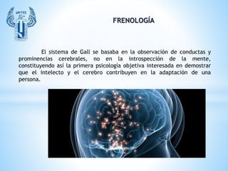FRENOLOGÍA
El sistema de Gall se basaba en la observación de conductas y
prominencias cerebrales, no en la introspección d...