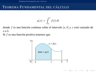TEOREMA FUNDAMENTAL DEL C ´ALCULO
TEOREMA FUNDAMENTAL DEL C ´ALCULO
g(x) =
x
a
f(t) dt
donde f es una funci´on continua sobre el intervalo [a, b] y x est´a variando de
a a b.
Si f es una funci´on positiva tenemos que
 