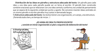 g) Distribución de las ideas en párrafos y estructura adecuada del texto: Un párrafo para cada
idea y una idea para cada párrafo puede ser un lema al escribir. El párrafo bien construido
contiene oraciones que se relacionan con una idea central y conforma una unidad de pensamiento
que se separa de la siguiente unidad por punto y aparte. No conviene mezclar ideas centrales en
un mismo párrafo ni escribir párrafos muy cortos ni demasiado largos.
h) Estructura adecuada del texto: los textos tienen una organización, un cuerpo, una estructura.
¡Teniendo todo claro, es tiempo de iniciar…!
¡ES HORA DE CREATU PROPIO ESCRITO!
¡ consiste en iniciar organizando un plan o esquema de elaboración del texto!
I) Diseñar un plan II)Procesar
II)Procesar borradores
3/25/2020CATEDRÁTICO EN LA UNIVERSIDAD NACIONAL DE CAÑETE 8
 
