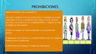 PROHIBICIONES
Queda prohibido a los trabajadores:
I.Ejecutar cualquier acto que pueda poner en peligro su propia
seguridad, la de sus compañeros de trabajo o la de terceras
personas, así como la de los establecimientos o lugares en que
el trabajo se desempeñe;
II.Faltar al trabajo sin causa justificada o sin permiso del
patrón;
III.Substraer de la empresa o establecimiento útiles de trabajo o
materia prima o elaborada;
IV.Presentarse al trabajo en estado de embriaguez;
 