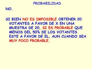 PROBABILIDAD
NO.
SI BIEN NO ES IMPOSIBLE OBTENER 20
VOTANTES A FAVOR DE X EN UNA
MUESTRA DE 20, SI ES PROBABLE QUE
MENOS DEL 50% DE LOS VOTANTES
ESTE A FAVOR DE EL, AUN CUANDO SEA
MUY POCO PROBABLE.
 