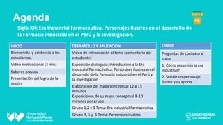 Agenda
2
INICIO
Bienvenida y asistencia a los
estudiantes.
Video motivacional (3 min)
Saberes previos
Presentación del logro de la
sesión
DESARROLLO Y APLICACION
Video de introducción al tema (comentario del
estudiante)
Exposición dialogada: Introducción a la Era
industrial Farmacéutica. Personajes ilustres en el
desarrollo de la Farmacia industrial en el Perú y
la investigación
Elaboración del mapa conceptual 12 a 15
minutos
Exposiciones de su mapa conceptual 8-10
minutos por grupo
Grupo 1,2 y 3 Tema: Era industrial Farmacéutica
Grupo 4, 5 y 6 Tema: Personajes ilustres
CIERRE
Preguntas de contexto a
tratar
1. Cómo resumiría la era
industrial?
2. Señale un personaje
ilustre y su aporte
Siglo XX: Era Industrial Farmacéutica. Personajes Ilustres en el desarrollo de
la Farmacia industrial en el Perú y la investigación.
 