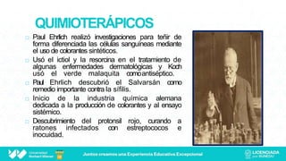 QUIMIOTERÁPICOS
 Paul Ehrlich realizó investigaciones para teñir de
forma diferenciada las células sanguíneas mediante
el uso de colorantes sintéticos.
 Usó el ictiol y la resorcina en el tratamiento de
algunas enfermedades dermatológicas y Koch
usó el verde malaquita comoantiséptico.
 Paul Ehrlich descubrió el Salvarsán como
remedio importante contra la sífilis.
 Inicio de la industria química alemana
dedicada a la producción de colorantes y al ensayo
sistémico.
 Descubrimiento del protonsil rojo, curando a
ratones infectados con estreptococos e
inocuidad.
 