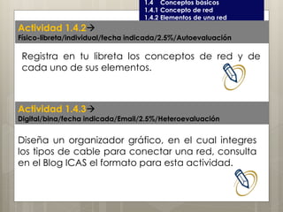 Curso LEOyE
1.4 Conceptos básicos
1.4.1 Concepto de red
1.4.2 Elementos de una red
Registra en tu libreta los conceptos de red y de
cada uno de sus elementos.
Actividad 1.4.2
Físico-libreta/individual/fecha indicada/2.5%/Autoevaluación
Actividad 1.4.3
Digital/bina/fecha indicada/Email/2.5%/Heteroevaluación
Diseña un organizador gráfico, en el cual integres
los tipos de cable para conectar una red, consulta
en el Blog ICAS el formato para esta actividad.
 