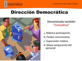Universidad Nacional
Federico Villarreal
Dirección Democrática
Denominada también
“Consultiva”
a. Máxima participación
b. Fluidez comunicativa
c. Supervisión relativa
d. Mayor preparación del
personal
Facultad de Tecnología Medica
 