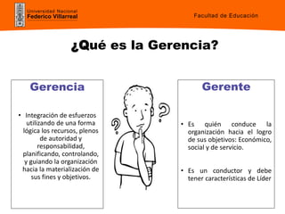 Universidad Nacional
Federico Villarreal Facultad de Educación
Gerencia
• Integración de esfuerzos
utilizando de una forma
lógica los recursos, plenos
de autoridad y
responsabilidad,
planificando, controlando,
y guiando la organización
hacia la materialización de
sus fines y objetivos.
Gerente
• Es quién conduce la
organización hacia el logro
de sus objetivos: Económico,
social y de servicio.
• Es un conductor y debe
tener características de Líder
¿Qué es la Gerencia?
 