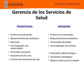 Universidad Nacional
Federico Villarreal
TRADICIONAL
• El foco es el proveedor
• Mantenimiento de estándares
• Dirección
• Los empleados son
responsables
• Orientado al proceso
• Horizonte de día a día
• Criterios de evaluación de caso
MODERNA
• El foco es el consumidor
• Mejoramiento de estándares
• Transmisión del poder
• Los empleados son clientes
• Orientado a obtener logros
• Horizontes estratégicos
• Mejoría continua de la calidad
Gerencia de los Servicios de
Salud
Facultad de Tecnología Medica
 