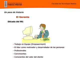 Universidad Nacional
Federico Villarreal
• Trabajo en Equipo (Empowerment)
• El líder como motivador y desarrollador de las personas
• Profesionales
• Convincentes
• Conscientes del valor del cliente
Década del 90:
El Gerente
Un poco de historia
Facultad de Tecnología Medica
 