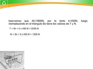 Observamos que 4k=1800N, por lo tanto k=450N, luego reemplazando en el triángulo Se tiene los valores de T y N. T = 5k = 5 x 450 N = 2250 N N = 3k = 3 x 450 N = 1350 N 