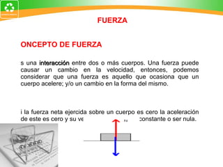 CONCEPTO DE FUERZA  Es una  interacción  entre dos o más cuerpos. Una fuerza puede causar un cambio en la velocidad, entonces, podemos considerar que una fuerza es aquello que ocasiona que un cuerpo acelere; y/o un cambio en la forma del mismo. Si la fuerza neta ejercida sobre un cuerpo es cero la aceleración de este es cero y su velocidad permanece constante o ser nula. FUERZA 