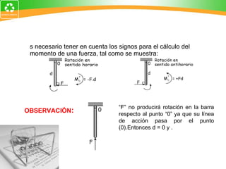 Es necesario tener en cuenta los signos para el cálculo del momento de una fuerza, tal como se muestra: OBSERVACIÓN :   “ F” no producirá rotación en la barra respecto al punto “0” ya que su línea de acción pasa por el punto (0).Entonces d = 0 y .   