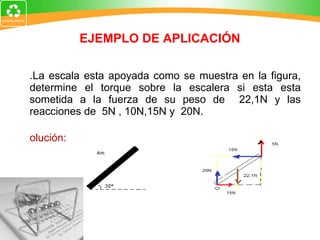 EJEMPLO DE APLICACIÓN 1.La escala esta apoyada como se muestra en la figura, determine el torque sobre la escalera si esta esta sometida a la fuerza de su peso de  22,1N y las reacciones de  5N , 10N,15N y  20N. Solución: 