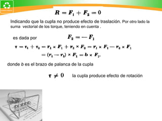 Indicando que la cupla no produce efecto de traslación.  Por otro lado la suma  vectorial de los torque, teniendo en cuenta . donde  b  es el brazo de palanca de la cupla  es dada por  la cupla produce efecto de rotación 
