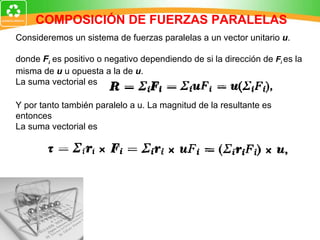 COMPOSICIÓN DE FUERZAS PARALELAS Consideremos un sistema de fuerzas paralelas a un vector unitario  u . donde  F i  es positivo o negativo dependiendo de si la dirección de  F i   es la misma de  u  u opuesta a la de  u .  La suma vectorial es  Y por tanto también paralelo a u. La magnitud de la resultante es entonces La suma vectorial es  