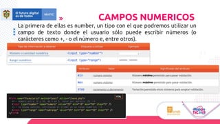 La primera de ellas es number, un tipo con el que podremos utilizar un
campo de texto donde el usuario sólo puede escribir números (o
carácteres como +, - o el número e, entre otros).
CAMPOS NUMERICOS
 