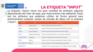 La etiqueta <input> tiene una gran cantidad de atributos (algunos
dependiendo del valor de type, que mostraremos más adelante). Estos
son los atributos que podemos utilizar de forma general para
prácticamente cualquier campo de entrada de datos con la etiqueta
<input>:
LA ETIQUETA “INPUT”
 