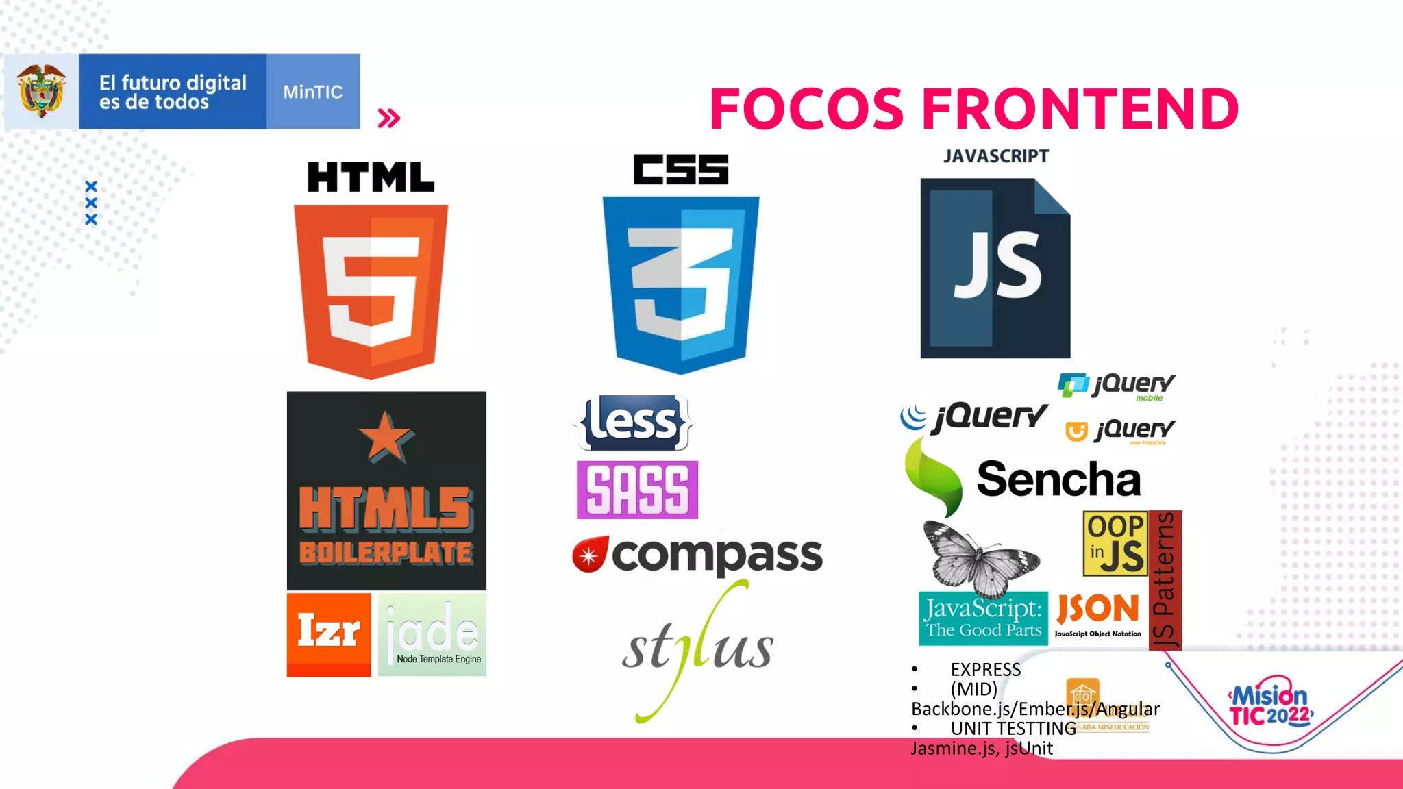 • EXPRESS
• (MID)
Backbone.js/Ember.js/Angular
• UNIT TESTTING
Jasmine.js, jsUnit
FOCOS FRONTEND
 