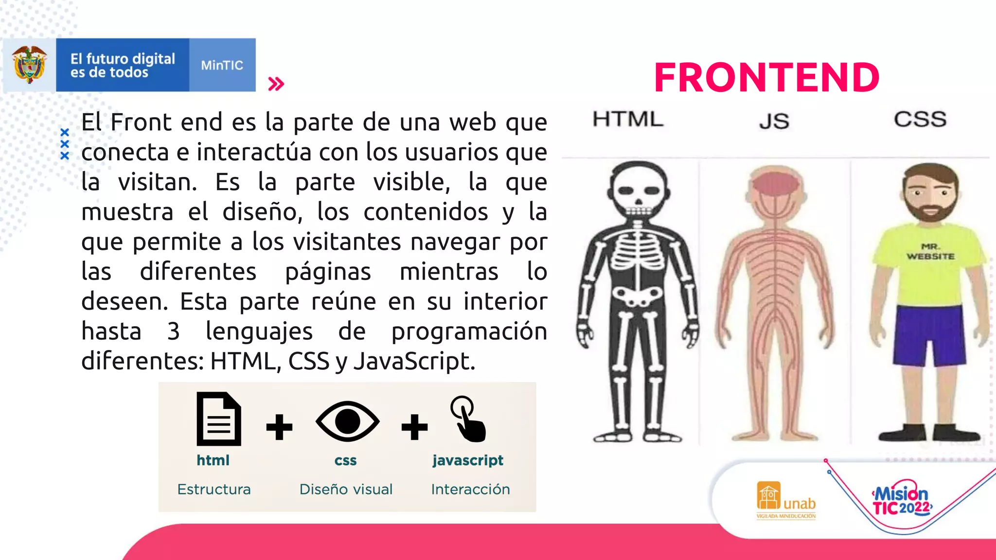 El Front end es la parte de una web que
conecta e interactúa con los usuarios que
la visitan. Es la parte visible, la que
muestra el diseño, los contenidos y la
que permite a los visitantes navegar por
las diferentes páginas mientras lo
deseen. Esta parte reúne en su interior
hasta 3 lenguajes de programación
diferentes: HTML, CSS y JavaScript.
FRONTEND
 