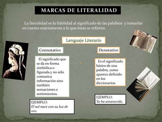 La literalidad es la fidelidad al significado de las palabras y tomarlas
en cuenta exactamente a lo que éstas se refieren.
Es el significado
básico de una
palabra, como
aparece definido
en los
diccionarios.
El significado que
se da en forma
simbólica o
figurada y no sólo
comunica
información sino
también
sensaciones o
sentimientos.
Connotativo Denotativo
EJEMPLO:
Ya ha amanecido.
EJEMPLO:
El sol nace con su luz de
oro.
 