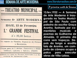 A primeira noite da Semana 13.fev.1922 — A Semana de Arte Moderna é inau-gurada no Teatro Munici-pal de São Paulo com palestra do escritor Graça Aranha, ilustrada por co-mentários musicais e poemas de Guilherme de Almeida. O primeiro dia corre sem tropeços. De-pois da longa e erudita fala de Aranha, um com-junto de câmara ocupa o palco para executar obras de Villa-Lobos.  