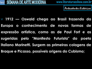 1912 — Oswald chega ao Brasil trazendo da Europa o conhecimento de novas formas de expressão artística, como as de Paul Fort e as sugeridas pelo "Manifesto Futurista" do poeta italiano Marinetti. Surgem as primeiras colagens de Braque e Picasso, possíveis origens do Cubismo; Antecedentes históricos 