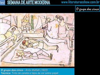 O grupo dos cinco  -  Anita Malfatti (1922) Técnica:  Tinta de caneta e lápis de cor sobre papel  O grupo dos cinco 