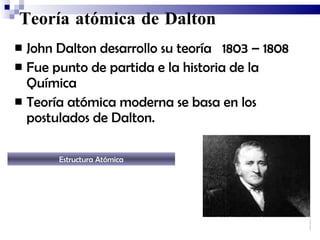 Teoría atómica de Dalto n   John Dalto n desarrollo su teoría  1803 – 1808 Fue punto de partida e la historia de la Química Teoría atómica moderna se basa en los postulados de Dalto n. Estructura Atómica 