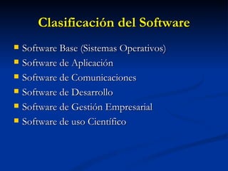 Clasificación del Software <ul><li>Software Base (Sistemas Operativos) </li></ul><ul><li>Software de Aplicación </li></ul>...