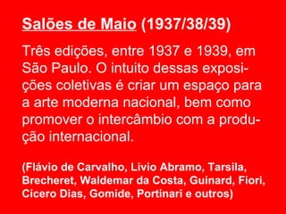 Salões de Maio (1937/38/39)
Três edições, entre 1937 e 1939, em
São Paulo. O intuito dessas exposi-
ções coletivas é criar um espaço para
a arte moderna nacional, bem como
promover o intercâmbio com a produ-
ção internacional.

(Flávio de Carvalho, Livio Abramo, Tarsila,
Brecheret, Waldemar da Costa, Guinard, Fiori,
Cícero Dias, Gomide, Portinari e outros)
 